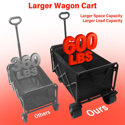 Collapsible Wagon Cart Foldable, 600LBS Beach Wagon with Big All-Terrain Wheels & Brakes, Heavy Duty Folding Utility Carts with Cup Holders for Garden, Camping, Sports, Groceries, Shopping