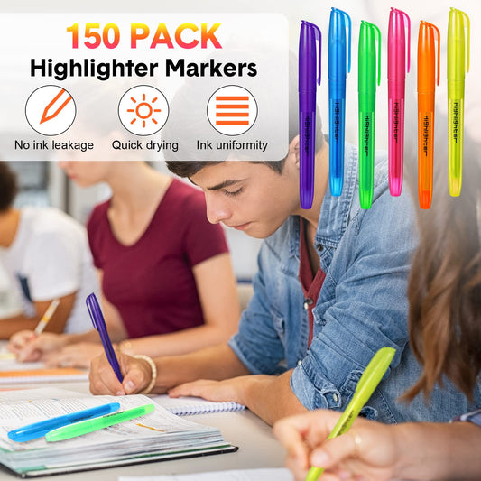 Thenshop 150 Pcs Highlighter Assorted Colors Bulk Fluorescent Highlighter Markers with Chisel Tip No Bleed Colorful Pens for Office Home Must Have Supplies Note Taking & Document Making Supplies