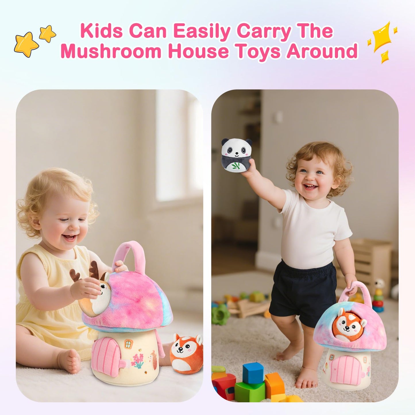 GUZROK Interactive Plush Mushroom House Playset with 6 Stuffed Animal Toys – Soft Sensory Toy for Babies & Toddlers, Montessori Learning Plush with Crinkle Sounds – Portable Gift for Boys & Girls