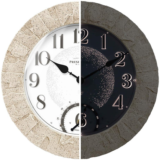 Presentime & Co 14" Illuminated in/Outdoor Clock with Smart Sensor and Night Light, Waterproof, Large Wall Clock with Thermometer & Hygrometer, for Garden and Patio - Coastal Sandstone Finish.
