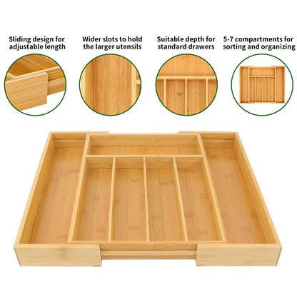 VaeFae Bamboo Drawer Organizer, Expandable Silverware Drawer Organizer, Cutlery Tray with Dividers for Kitchen Utensils, Medium