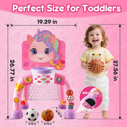 JMMICO Toddler Basketball Hoop & Soccer Goal Activity Center, Interactive Toys with Light Music,Unicorn Toddlers Musical Toys Gift, Baby Birthday Easter Gifts Gift for 1 2 3 Year Old Boys Girls
