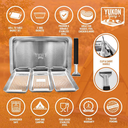 Yukon Glory BBQ Vegetable Grill Basket Set, Stainless Steel, 3 Baskets with Drip Tray & Removable Handle for Fish, Shrimp & Veggies