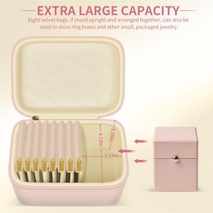 GWCASE Travel Jewelry Case with 8 Clear Tangle-Free Velvet Pouches, Large Capacity Jewelry Organizer Bag with Extra Space for Ring Box Watch, Waterproof PU Leather Pink Box for Women, Long Trips