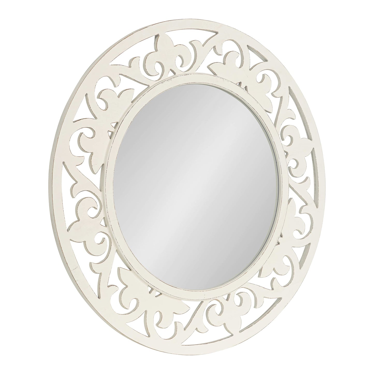 Kate and Laurel Shovali Coastal Round Mirror; 32 Inch Diameter; White; Decadent Wall Decor with Ornate Wood-Carved Frame