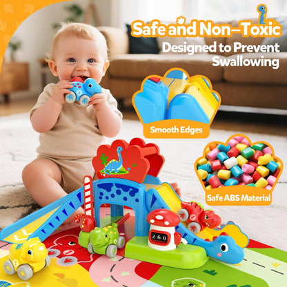 Toddler Toys for 1 2 Year Old Boy Gifts - Educational Dinosaur Slide Set with 4 Color/Number Push Cars and Playmat, Montessori Learning Toy for Baby 12-18 Months, 1st Birthday Present Ages 1-2, Red