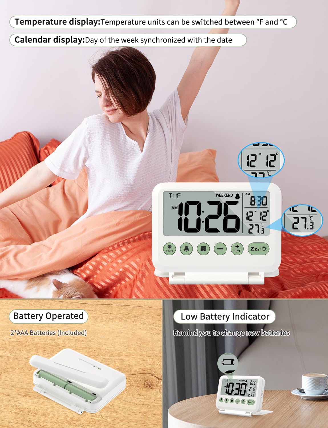 MeesMeek Digital Travel Alarm Clock - 3.54 inch LCD Display, 9-Minute Snooze, 2 Volume Levels, Backlight, Battery Included (White)