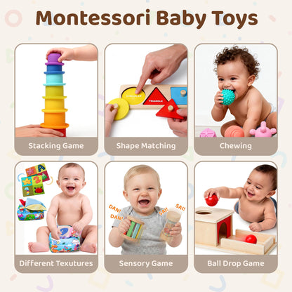 Montessori Toys for Babies 6-12 Months,1 Year Old,8 in 1 Baby Sensory Toy for 12-18 Months Toddler,Wooden Educational Development Toys with Soft Stacking Cup&Sensory Ball&Tissue Box