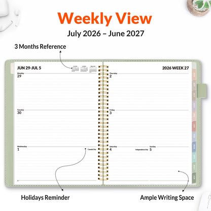 SUNEE 2026-2027 Weekly & Monthly Planner 9"x11.2" - 12 Month (July 2026 - June 2027), Vegan Leather Cover Planner Academic Year Calendar, Pocket, Notes, Monthly Tab, Green