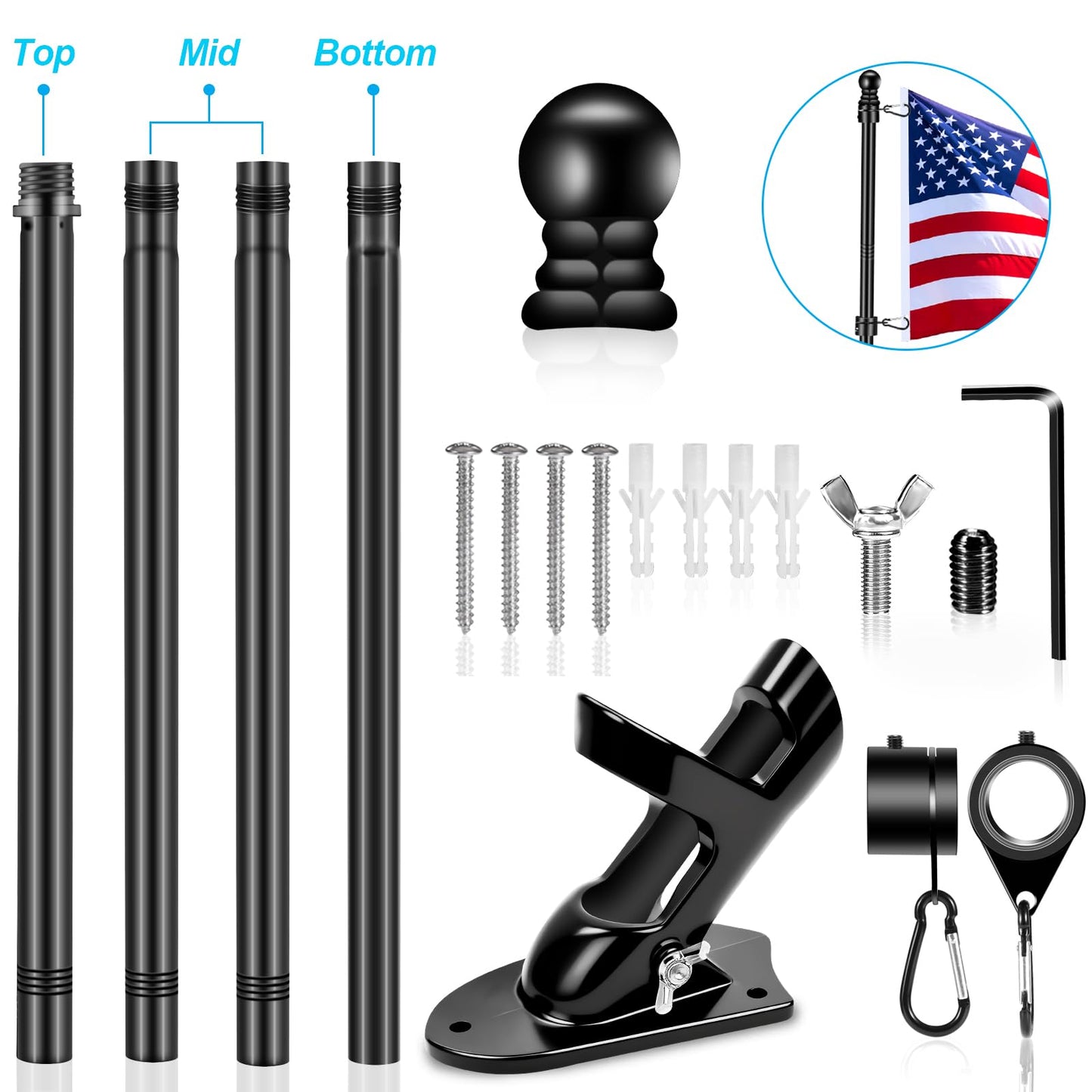 5 FT House Flag Pole Kit, 1" Spinning Thicken Stainless Steel Metal Flagpoles for Outside House Porch Post Wall Mount with 2-Position Flagpole Holder Bracket & 360° Flag Ring for 3x5 Flag(5 FT, Black)