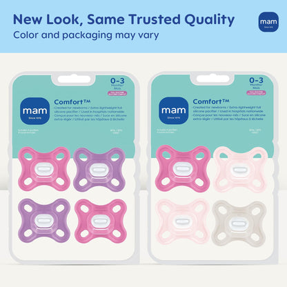 MAM Comfort Baby Pacifier 0-3 Months, Specially for Smaller Newborn Mouths, Lightweight One-Piece BPA-Free Silicone,Easy to Clean, Best for Breastfed Babies, 4 Pk, Made in Europe