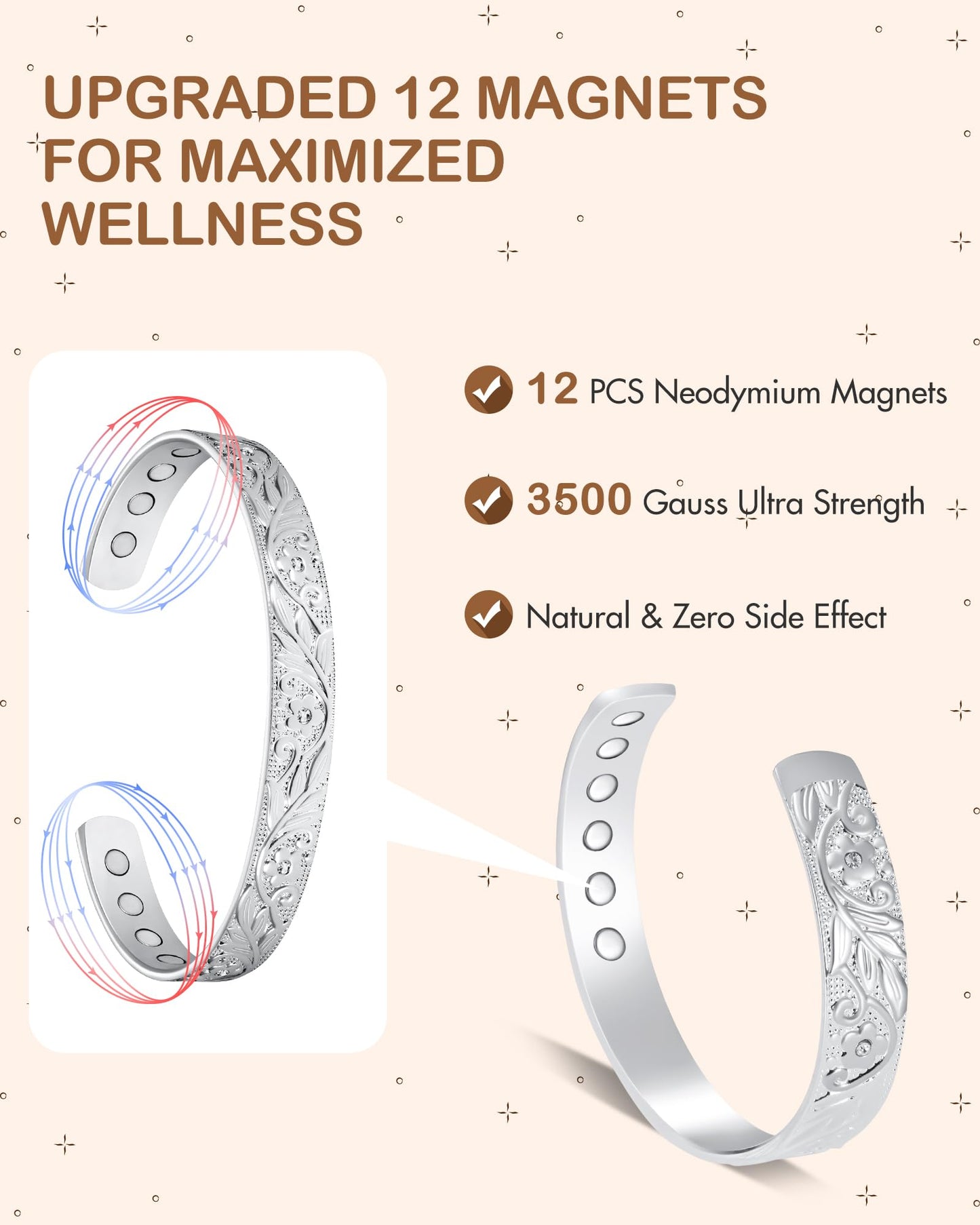 Feraco Copper Bracelet for Women, 12X Ultra Strength Magnetic Bracelets, 99.99% Pure Copper Cuff Bangle with 3500 Gauss Neodymium Magnets & Sparkling Cubic Zirconia, Silver
