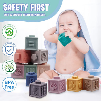 Montessori Toys for Babies 6-12 Months, Soft Baby Blocks Toys Set, 3 in 1 Infant Stacking Building Blocks, Teething Toys Sensory Balls Educational Learning Toys for Toddlers 3-6-9-11 Months Boys Girls