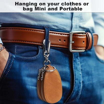 UVKDEENK 2 Pack Mens Vintage Key Case, Retro Genuine Leather Car Key Fob Holder, Key Organizer with Metal Hook Keyring, Double Zipper Key Coin Bag Coffee Brown