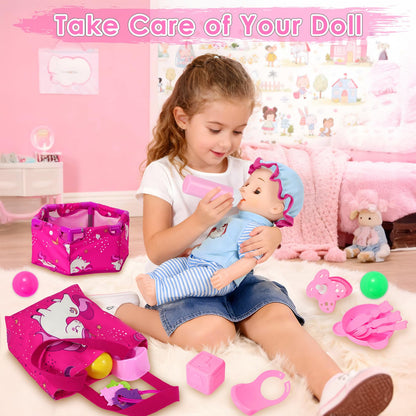 HUITEM Baby Doll Stroller Toys Set, 17 PCS Baby Doll Accessories Stroller Toys with Baby Dolls,2 Sets Doll Clothes, Playpen, Handbag, Feeding Nursery Pretend Play Gifts for Girls Toddlers 3 4 5