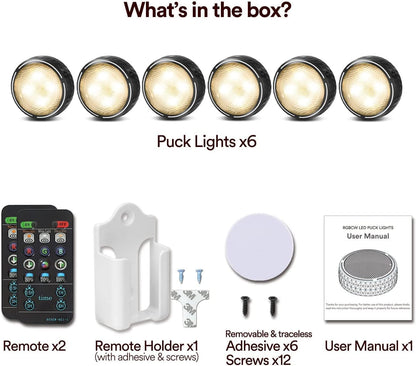 LED Puck Lights with Remote Battery Operated Under Cabinet Lighting Wireless Stick on Lights Color Changing Timer Tap Lights for Cabinets Shelves Closets Display Case - 6Pack Black