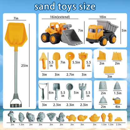 IOKUKI Long Shovel Sand Beach Toys with Big Excavator Toy, Dump Truck Toy, Construction Toys, Sand Castle Toys for Beach, Beach Rakes, Molds, Mesh Beach Bag for Kids, Toddlers, Boys & Girls (31 PCS)