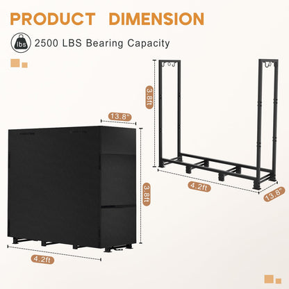 LOENIY 4ft Firewood Rack Outdoor with Waterproof Widened Cover, Heavy Duty Firewood Holder includes Carrier Bag, Powder-coated Wood Rack with Hooks, Firewood Storage Rack for Fireplace Deck Patio