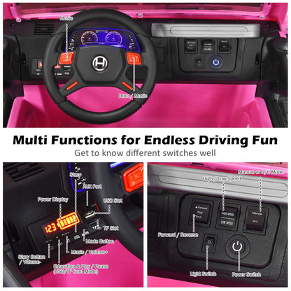 Costzon 2-Seater Ride on Truck, 12V Battery Powered Electric Vehicle Toy w/Storage, Remote Control, 3 Speed, LED Lights, MP3, Horn, Music, 2 Doors Open, Spring Suspension, Ride on Car for Kids (Pink)