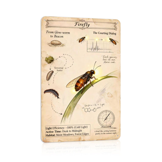CHCdecor Vintage Sign Cute Firefly Botanical Illustration Wall Art Insect Metal Tin Signs for Garden Farmhouse Summer Decor,12x8 inch