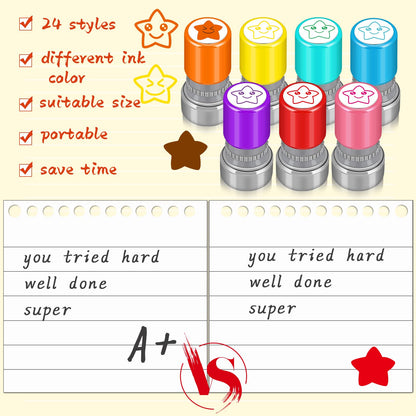 Yinder 24 Pcs Teacher Stamps for Classroom Self Inking School Classroom Stamps Gifts Bulk for Teachers Elementary Colorful Motivational Encouraging Supplies(Star)