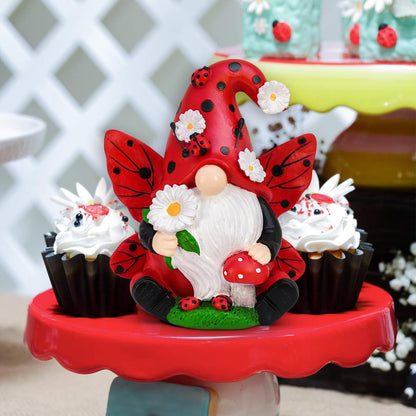 KnomeKo Ladybug Gnome Garden Decor, Fairy Gnome Figurine with Flowers, Spring Summer Outdoor Garden Decorations for Yard Lawn Patio, Garden Gifts for Women