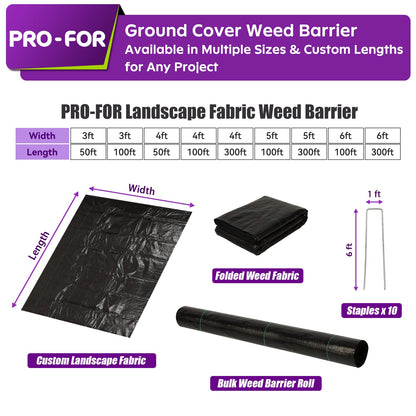 PRO-FOR 3FT x 100FT 3.2oz Heavy Duty Weed Barrier Landscape Fabric – Premium Woven Ground Cover for Gardening, Farming & Driveways, Breathable Weed Control Cloth with 10 U-Shaped Securing Pegs