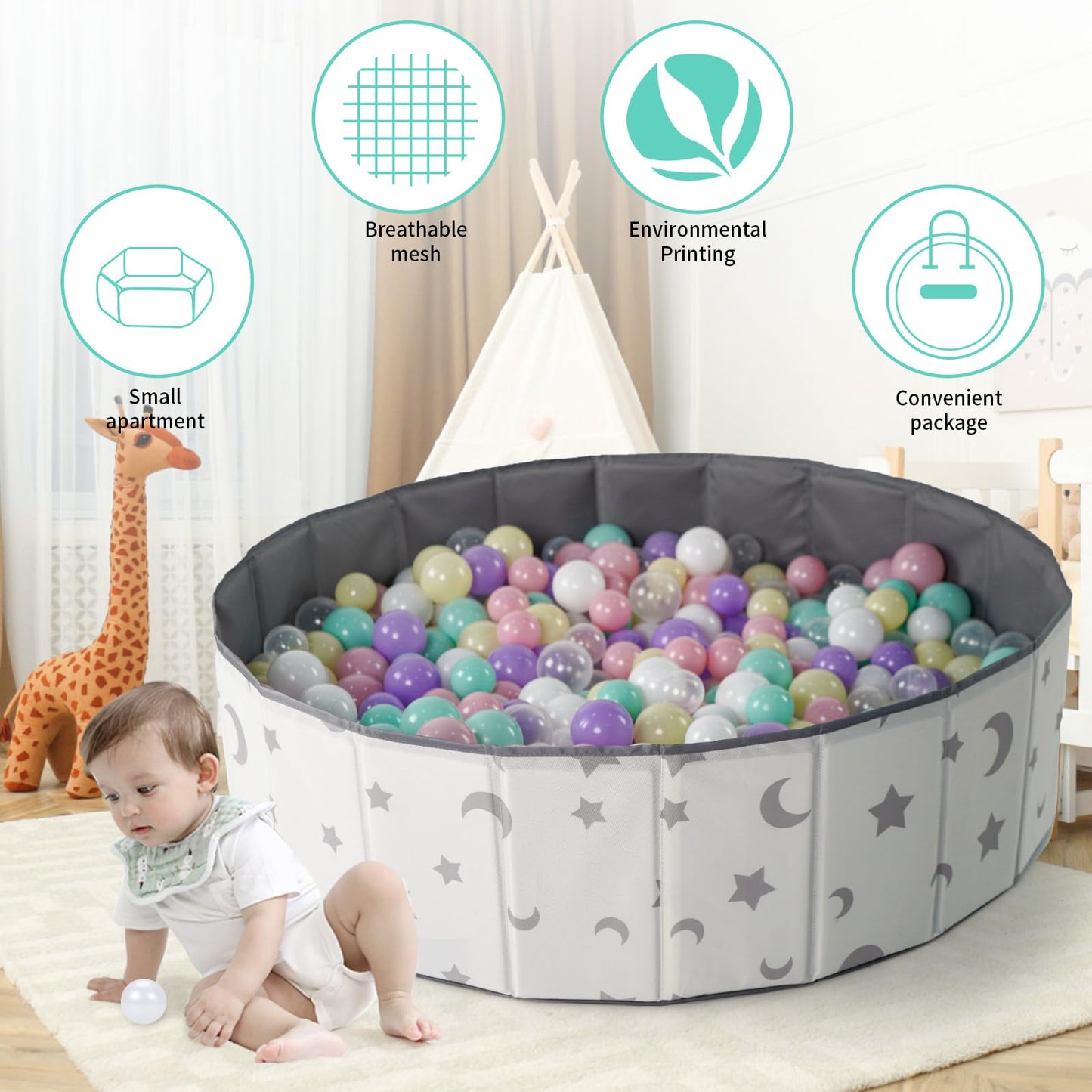 40Inch Kids Ball Pit, Foldable & Portable & Reusable Balls Pool for Toddlers,Playpen/Fence for Baby, Play Pool for Dog, Indoor & Outdoor Use, Oversized (Star/Moon)