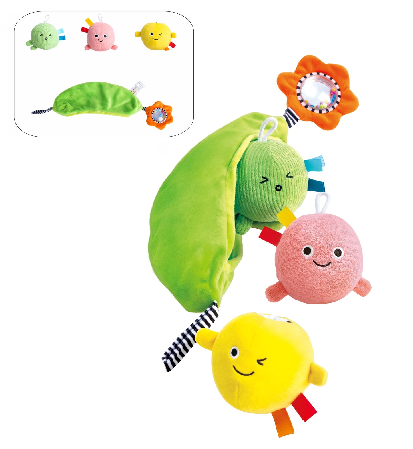 Hape Pea Pod Pals Sensory Baby Toy - 3 Textured Plush Peas with Sounds, Crinkle & Rattle, Stroller & Car Seat Travel Toy for Fine Motor Skills, Multi-Sensory Development for Babies 6 Months+
