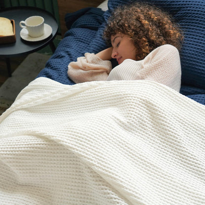 PHF Pre-Washed Cotton Waffle Weave Blanket Throw Size for Couch Bed,Snag Proof Spring Summer Lightweight Breathable,Oeko-TEX Certified,Machine Washable, Home Decor Gift，Cream