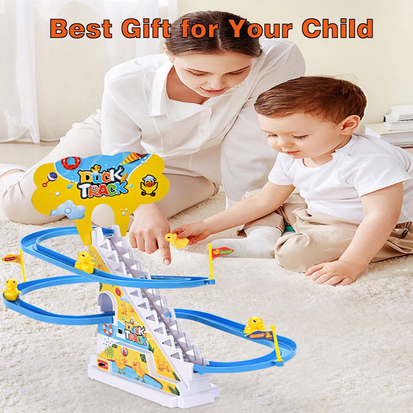Small Ducks Climbing Toys, Electric Llittle Duck Climbing Stairs Toy, Funny Roller Coaster Track with 3 Ducks LED Lights & Music Button, Small Duck Slide Toys for Children Kids and Baby (C)