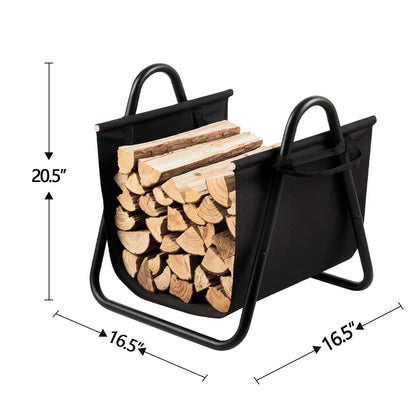 AMAGABELI GARDEN & HOME Fireplace Log Holder with Canvas Firewood Rack Indoor Tote Carrier Metal Wood Rack Black Firewood Holders Storage Heavy Duty Logs Stacker Basket with Handles Kindling