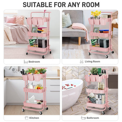 LEZIOA 5 Pack Hanging Cup Holders, Multipurpose Rolling Cart Accessories Utility Cart Accessories For Art Craft Supplies, Space Saving Hanging Storage Basket Pencil Holder Makeup Organizers (Pink)