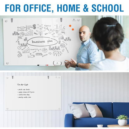 TSJ OFFICE Glass Dry-Erase Board - 36 x 24 Inches Brilliance White Magnetic Glass Whiteboard, Wall Mounted Large Frameless White Board for School, Home & Office