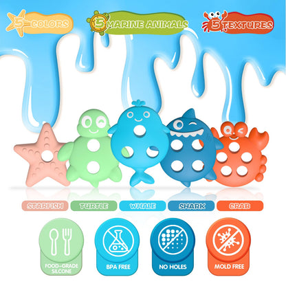 Baby Bath Toys, Premium Silicone Mold Free Ocean Animal Shape Sorting & Stacking Toddlers Bath Toys, No Hole Bathtub Floating Toys Gift for Boys Girls, Early Learning Sensory Water Toys, Bathtime Fun