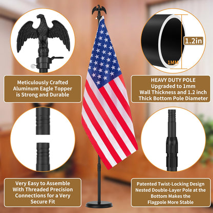 8 FT Indoor Flag Pole and Stand, Heavy Duty Indoor Flag Pole Kit with Weighted & Thickened Base, Eagle Topper, 3x5 FT American Flag, Adjustable Presidential Indoor Flagpole for Office School City Hall