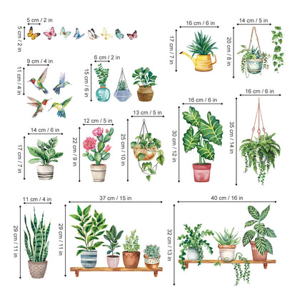 wondever Hanging Green Potted Plant Window Clings Tropical Botanical Cactus Bird Glass Sticker Decal Anti Collision Double-Side Static Window Stickers for Home Glass Window