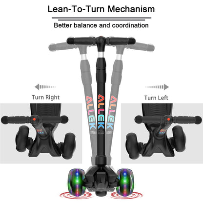 Allek Kick Scooter B03, Lean 'N Glide 3-Wheeled Push Scooter with Extra Wide PU Light-Up Wheels, Any Height Adjustable Handlebar and Strong Thick Deck for Children from 3-12yrs (Black)