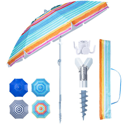 Tempera Heavy Duty High Wind Beach Umbrella with Sand Anchor & Carry Bag|Patio Outdoor Umbrella with Aluminum Frame and Push Button Tilt, Ideal for Travel Garden Lawn, UPF 60+,Stripes