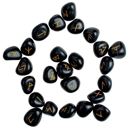 Crocon Black Tourmaline Gemstone Elder Futhark Alphabet Engraved Symbol Rune Stone 25 pcs Set for Feng Shui Chakra Balancing Reiki Healing Spiritual Metaphysical Size: 2025 mm