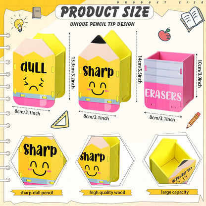 DoubleFill 3 Pcs Sharp and Dull Pencil Holder Eraser Buckets Wooden Shaped Dispenser for Back to School Teachers Classroom Management(Yellow Face)