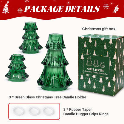 CHILL RECIPE Christmas Tree Candle Holders Xmas Glass Taper Candlestick Holders Thickened with Rubber Candle Grippers for Decoration Table Centerpiece Dinner Party Home Decor(Green 3Pcs &Box)
