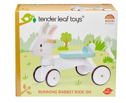 Tender Leaf Toys - Running Rabbit Ride On - Wooden Four Wheeled Push Balance Rabbit Themed Bike with Rubber Ring and Handle - Early Walk Development and Muscle Strength Enhancement for Children 18M+