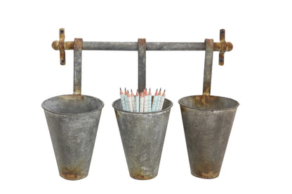 Creative Co-Op Antiqued Metal Wall Rack with 3 Hanging Tin Pots