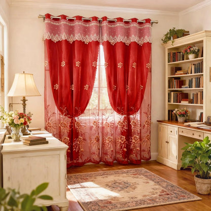 Amidoudou 1 Pair European Double Layer Curtains for Living Room Bedroom Luxury Flower Embroidered Curtains with Valance (Red,52x95 Inch)