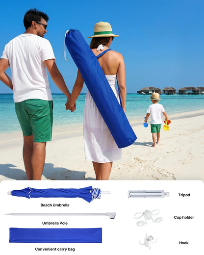 paramondo Portable Beach Umbrella with Cup Holder - 6.5FT Blue and White Striped Sun Umbrella, Adjustable Aluminum Alloy Pole, Windproof & UV Protection for Sand, Patio, and Backyard, Solid Blue