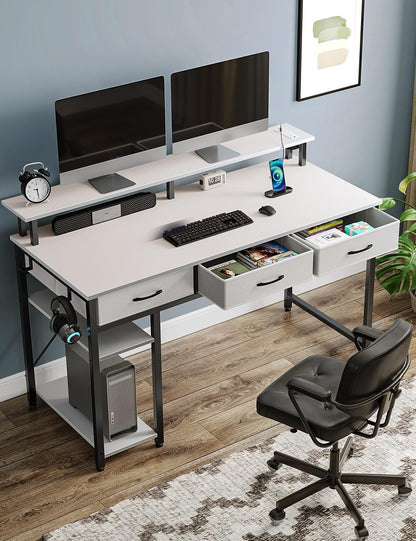 Rolanstar Computer Desk with Power Outlets & LED Light, 39 inch Home Office Desk with 3 Drawers and Storage Shelves, Writing Desk with Monitor Stand, Work Desk for Home Office,White