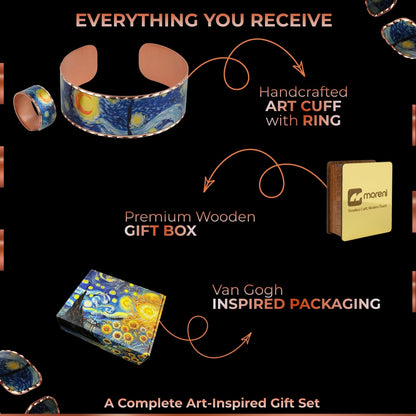 Moreni Copper Bracelet for Women with Wooden Gift Box – Art-Inspired Elegant & Timeless Handmade Jewelry Gift (Starry Night – Bracelet with Ring)