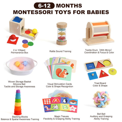 Child-Safe Montessori Educational Sensory Toy Set for Babies and Toddlers 6-12 Months - Must-Have for Early Development - 10 in 1 Wooden Learning Toy kit with Object Permanence Box, Stacking Cups etc