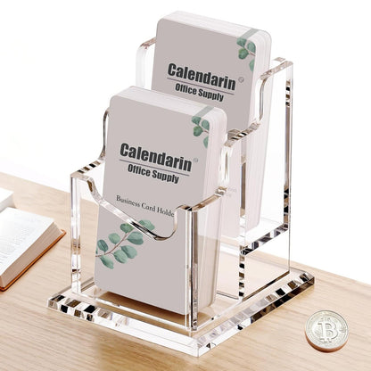 Calendarin Acrylic Business Card Holder for Desk, Clear Business Name Card Display Card Organizer, Morden Desk Accessory Supply for Office, Vertical (2-Slot)